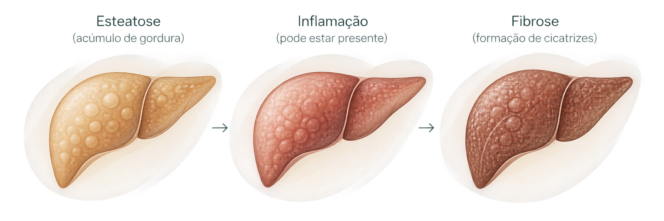 Esteatose, com acúmulo de gordura; inflamação, que pode estar presente; e fibrose, com formação de cicatrizes.